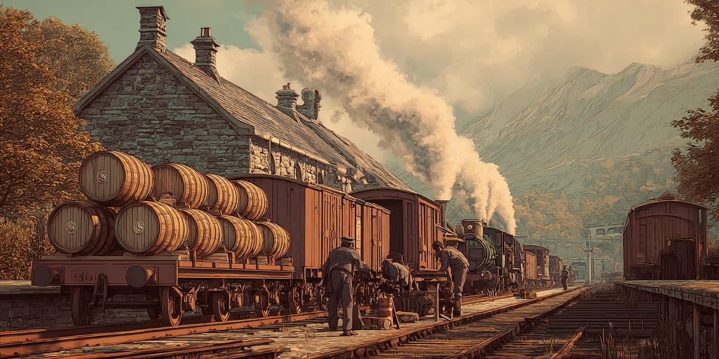 Whisky casks stacked at a Victorian railway station, ready for transport