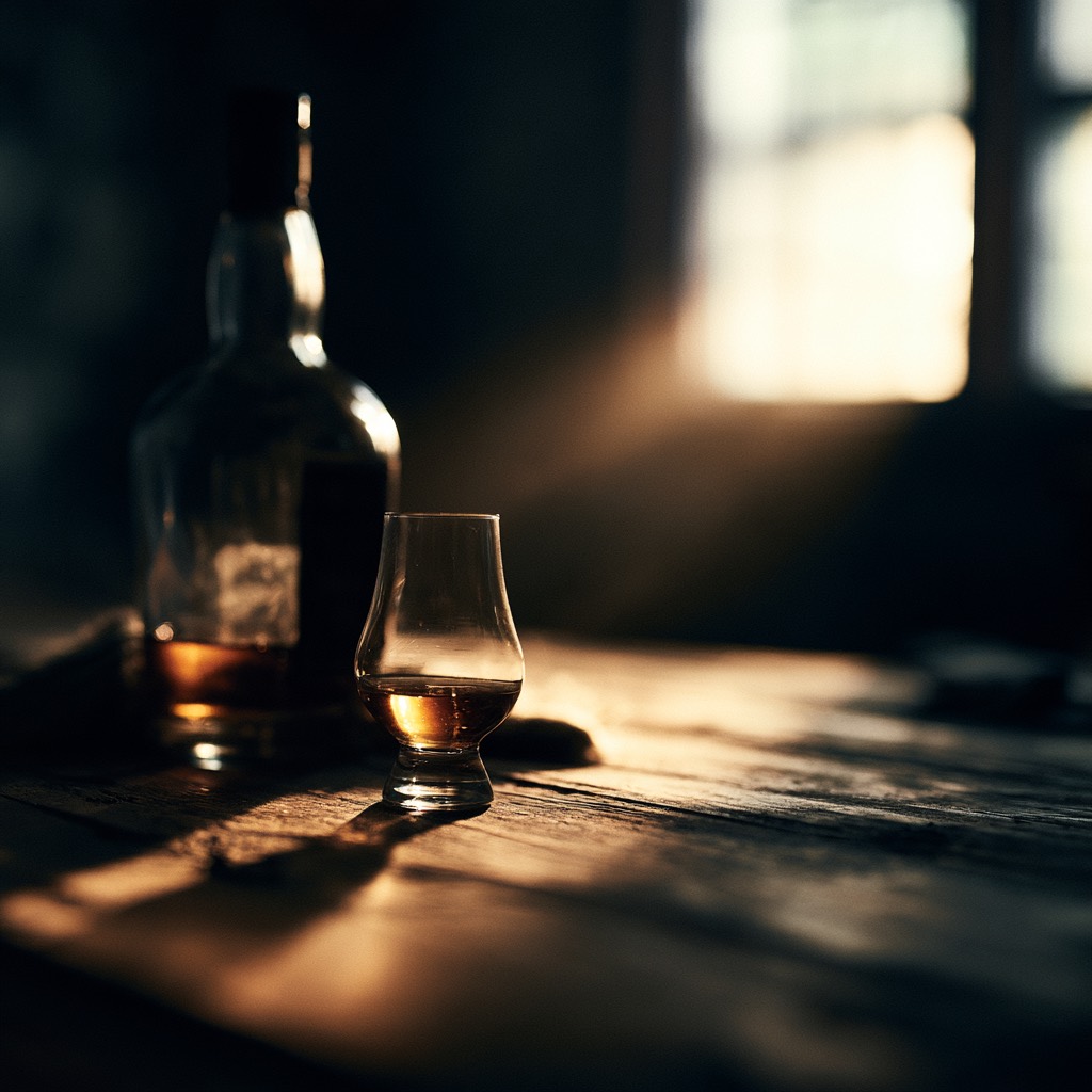 A whisky bottle and a Glencairn glass of amber whisky on a wooden table, lit by soft evening light from a nearby window