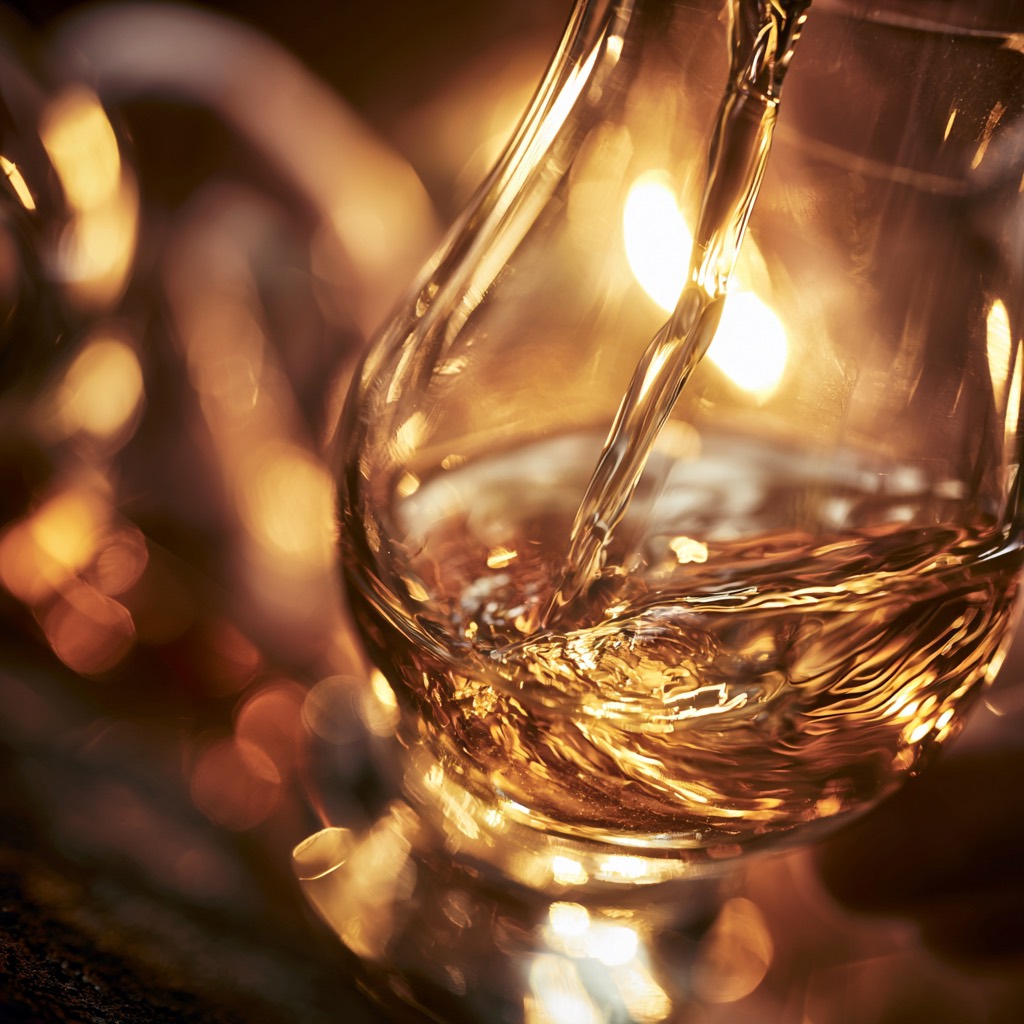 Close-up of golden whisky being poured into a Glencairn glass, warm light glinting through the spirit