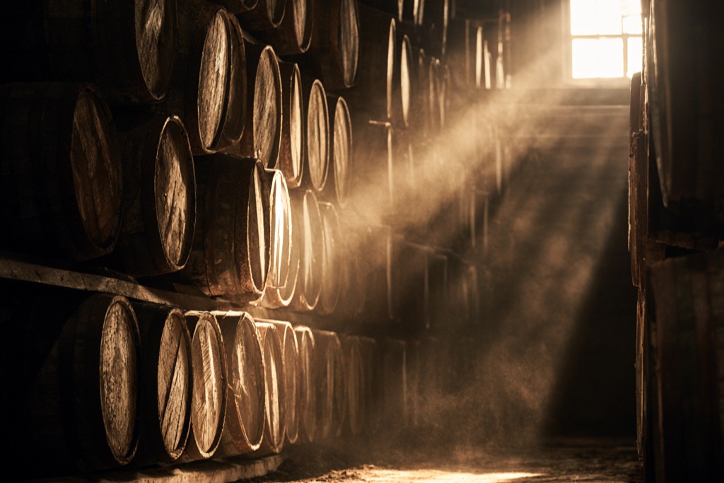 Casks stacked several barrels high in a dimly lit whisky maturation warehouse, a shaft of light falling through a small window