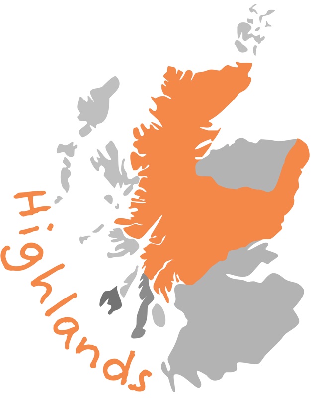 Map of Scotland with the Highlands region highlighted